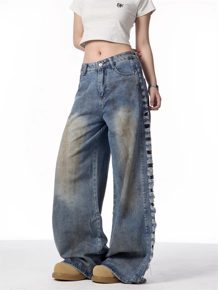 Distressed Wide-Leg Denim Jeans