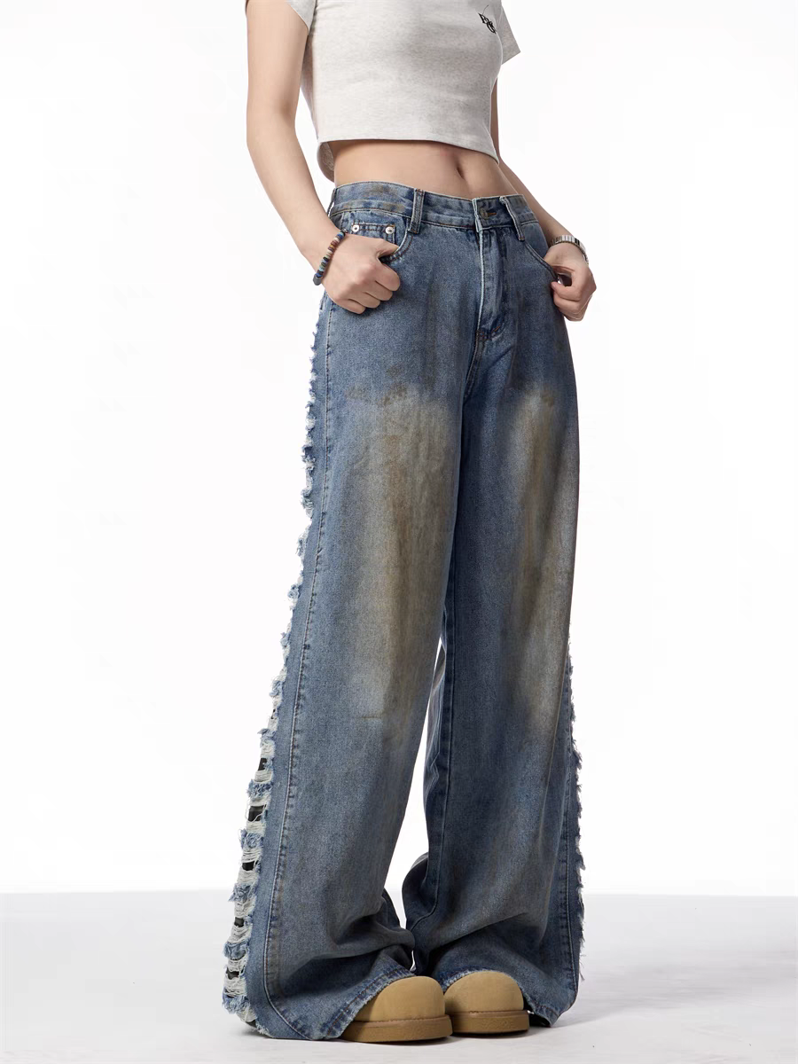 Distressed Wide-Leg Denim Jeans