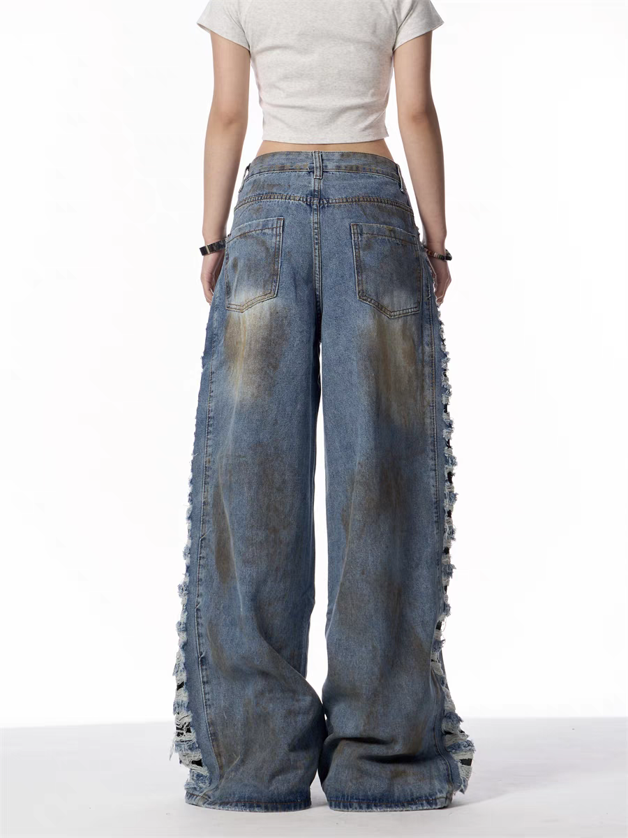 Distressed Wide-Leg Denim Jeans