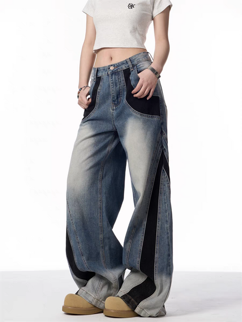 Vintage Patchwork Wide-Leg Denim Jeans