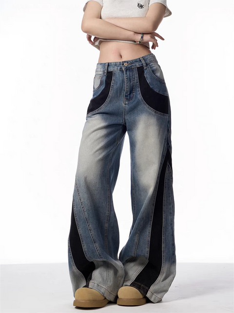 Vintage Patchwork Wide-Leg Denim Jeans