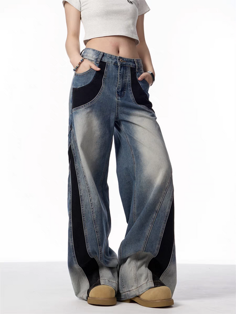 Vintage Patchwork Wide-Leg Denim Jeans