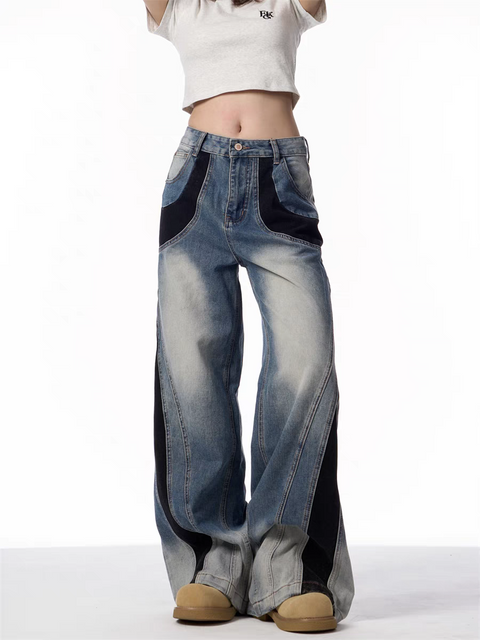Vintage Patchwork Wide-Leg Denim Jeans