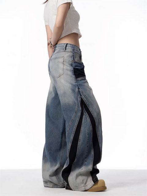 Vintage Patchwork Wide-Leg Denim Jeans