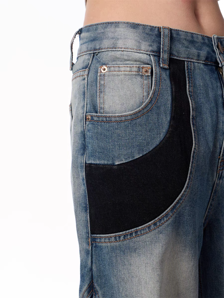 Vintage Patchwork Wide-Leg Denim Jeans