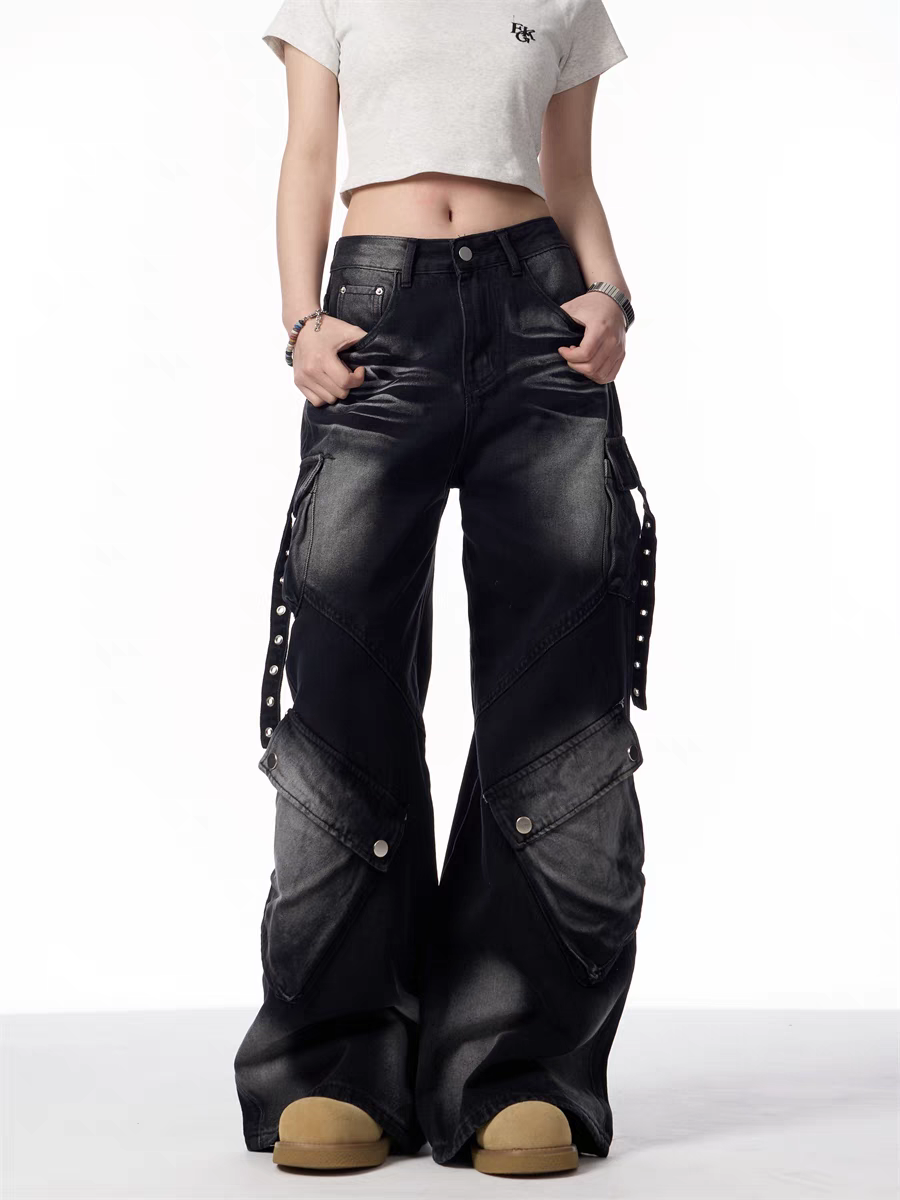 Black Cargo Wide-Leg Jeans