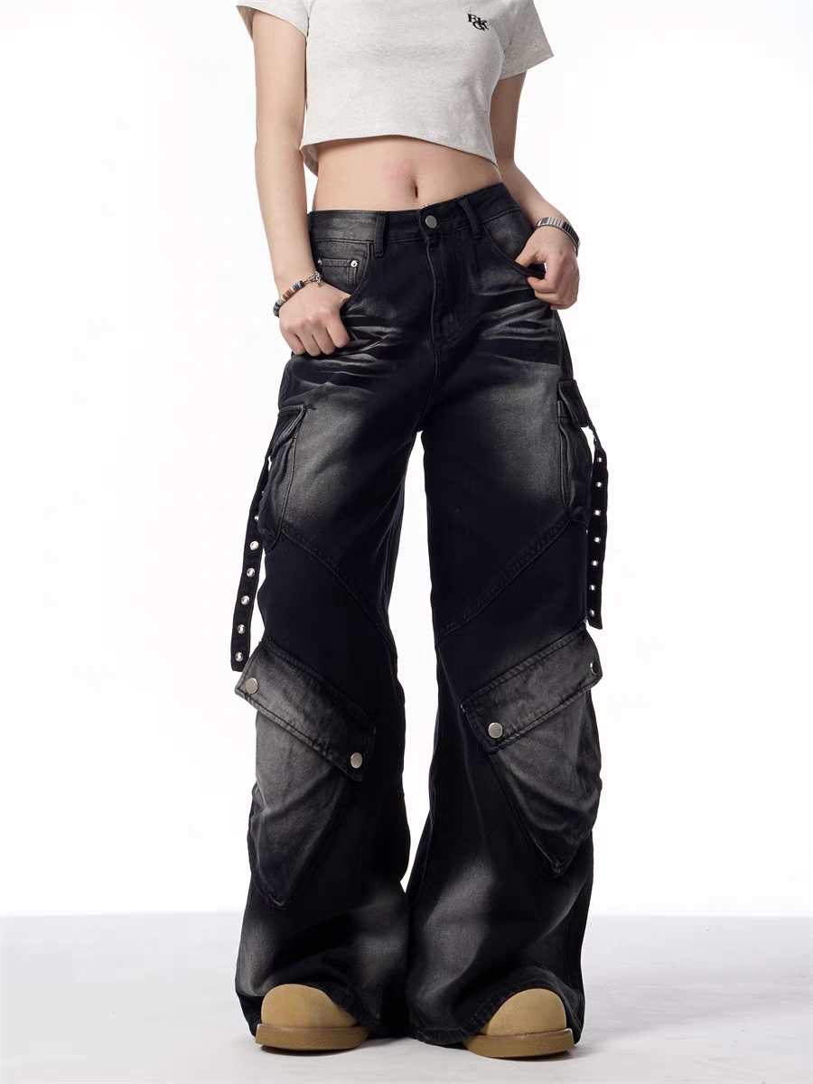 Black Cargo Wide-Leg Jeans