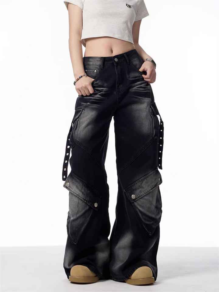 GKIKZ BLACK CARGO WIDE-LEG JEANS