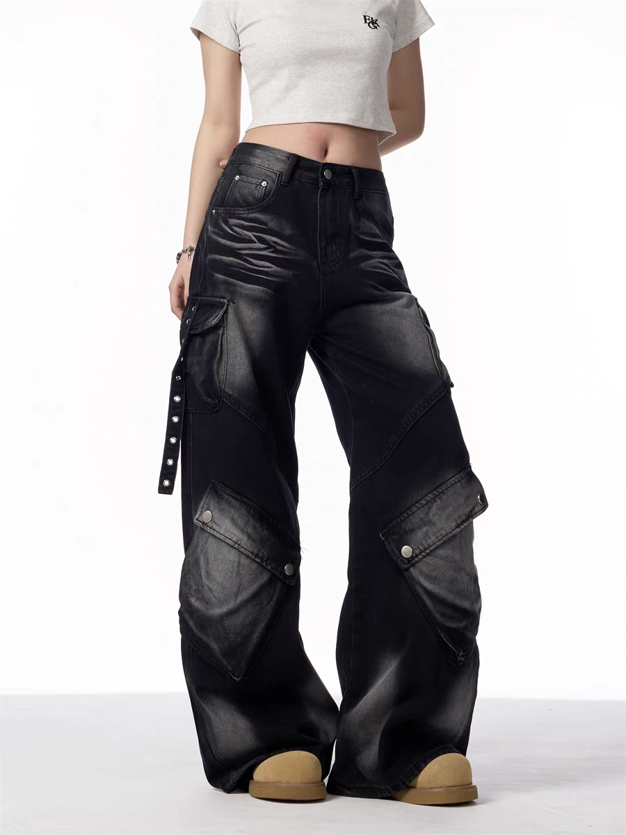 Black Cargo Wide-Leg Jeans