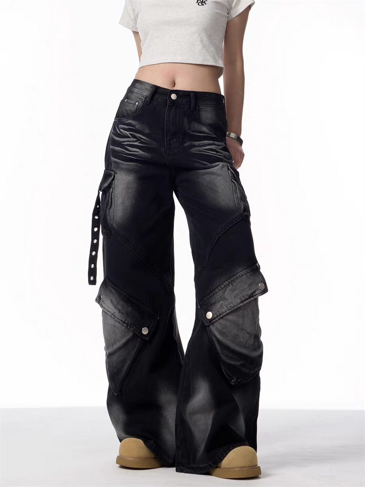 GKIKZ BLACK CARGO WIDE-LEG JEANS