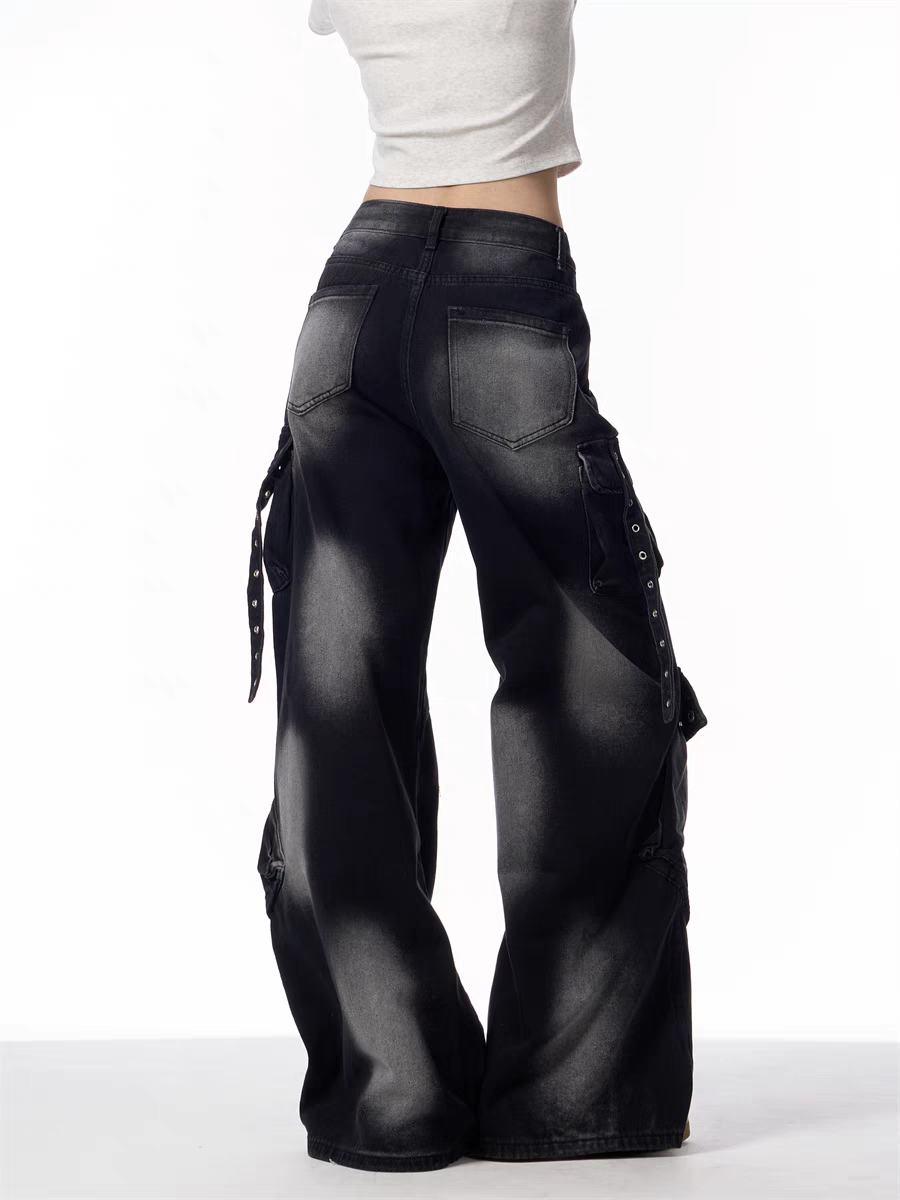 Black Cargo Wide-Leg Jeans