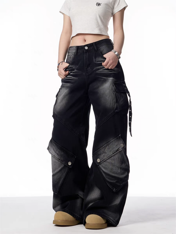 GKIKZ BLACK CARGO WIDE-LEG JEANS