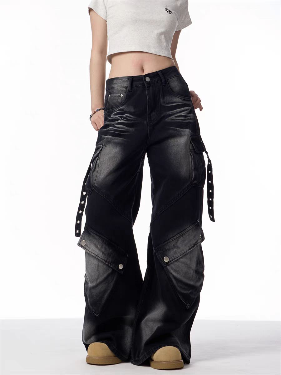GKIKZ BLACK CARGO WIDE-LEG JEANS