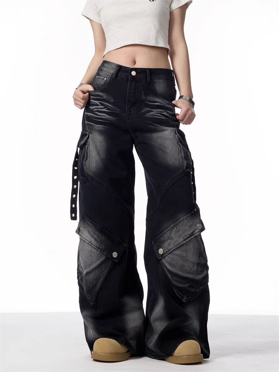 GKIKZ BLACK CARGO WIDE-LEG JEANS