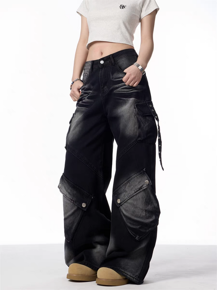 GKIKZ BLACK CARGO WIDE-LEG JEANS