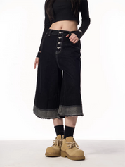 GKIKZ VINTAGE BLACK WIDE-LEG CROPPED DENIM JORTS
