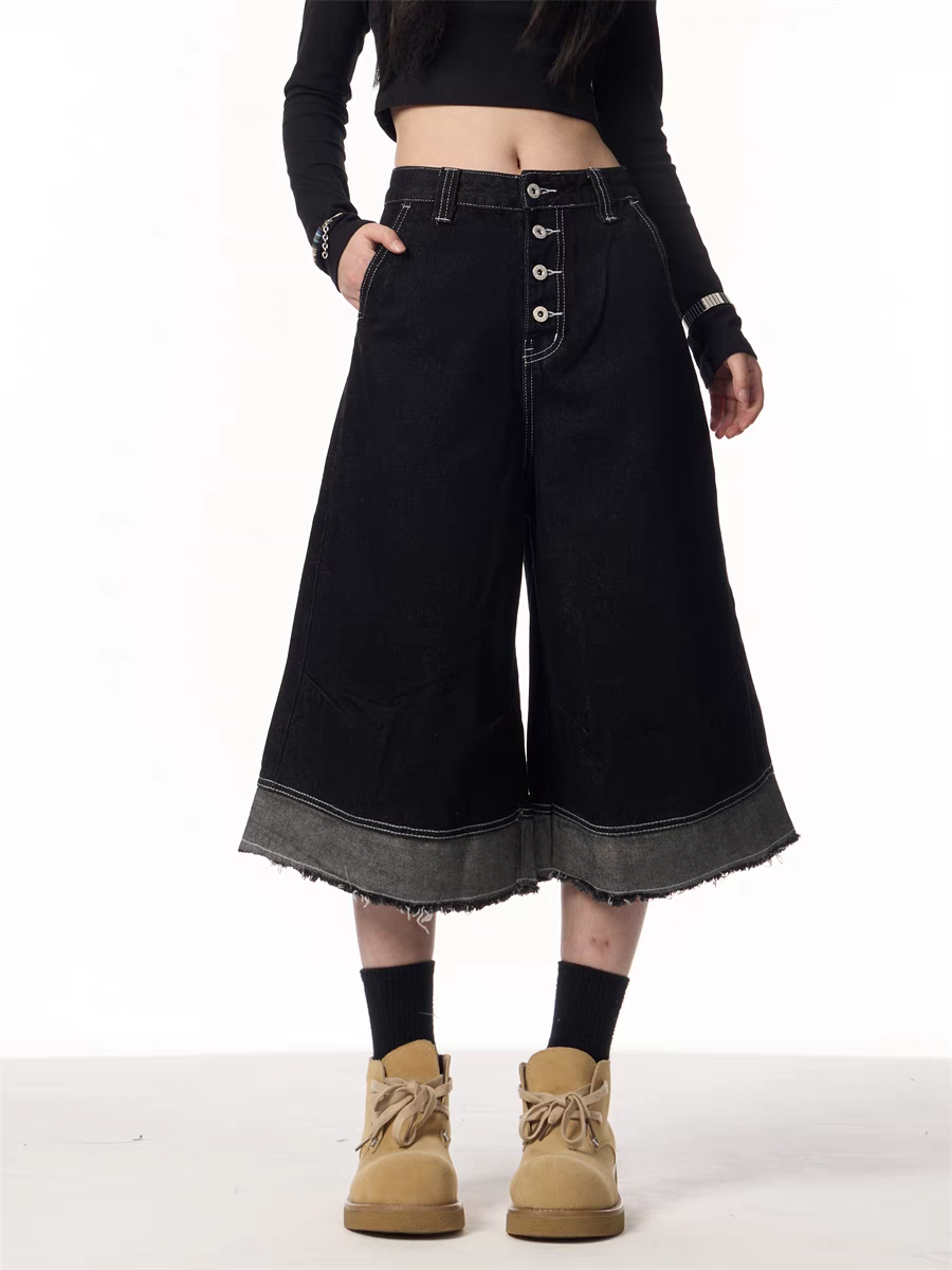 GKIKZ VINTAGE BLACK WIDE-LEG CROPPED DENIM JORTS