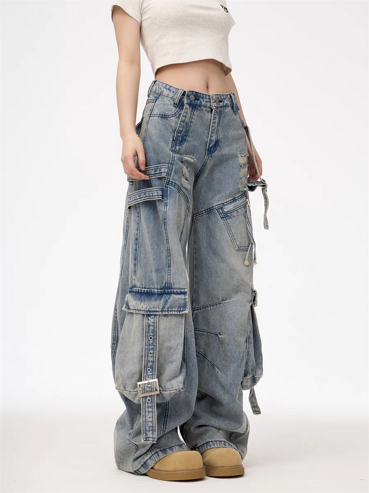 GKIKZ HEAVY-DUTY UTILITY POCKETS DENIM CARGO