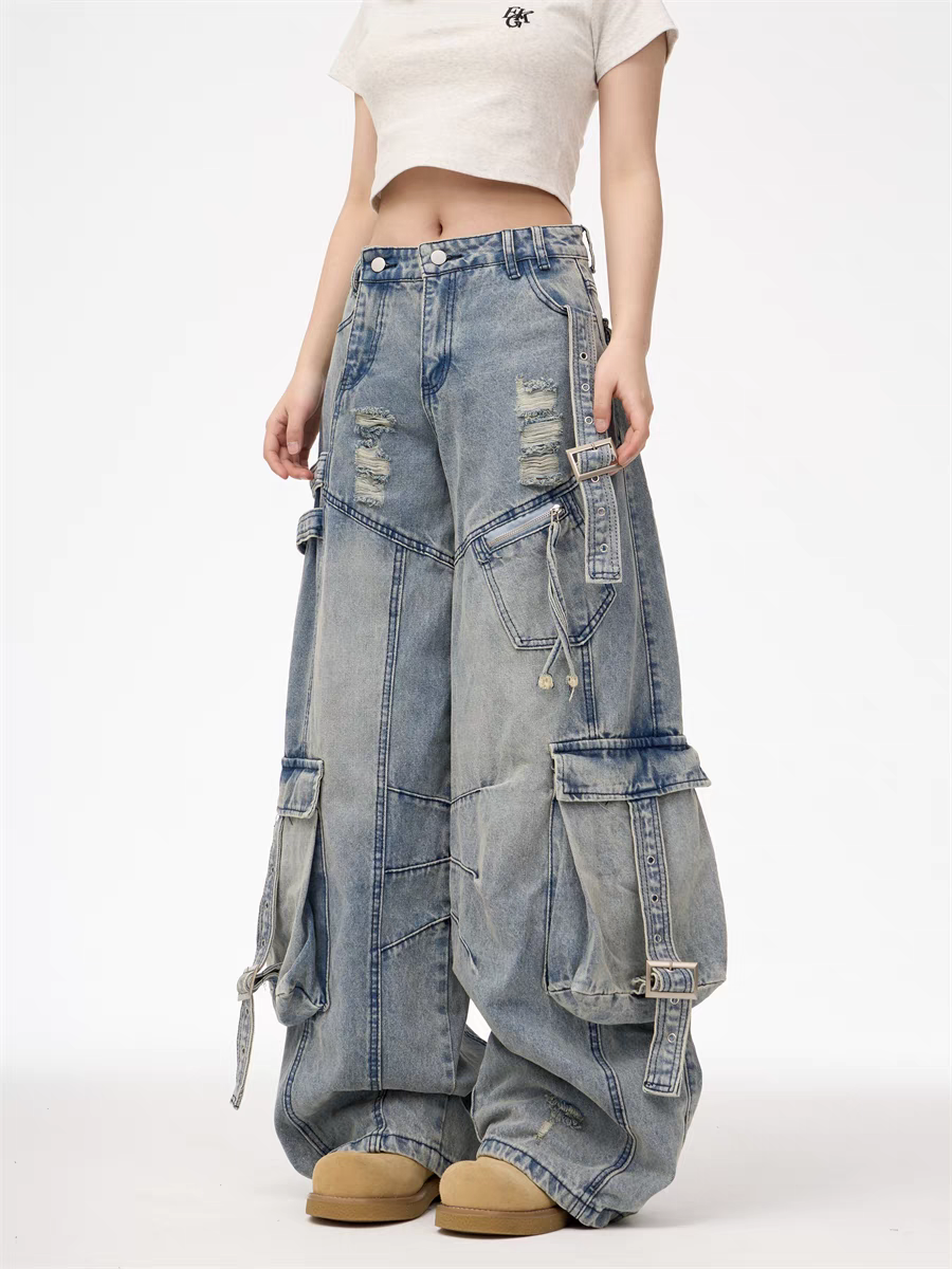 GKIKZ HEAVY-DUTY UTILITY POCKETS DENIM CARGO