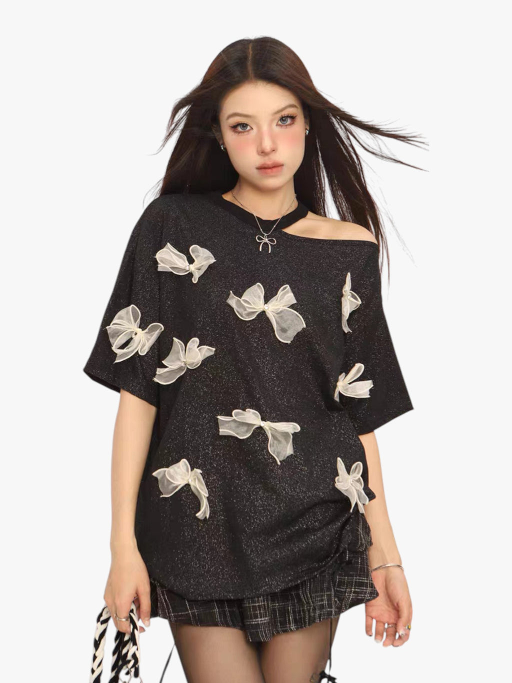 Three-Dimensional Bow Off-Shoulder Tees