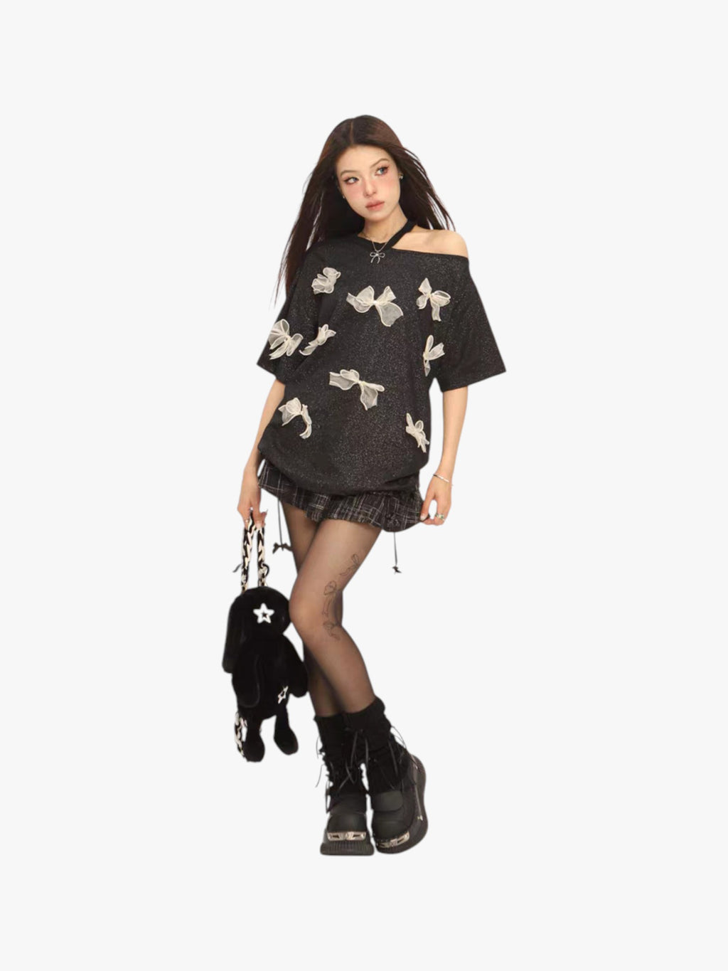 Three-Dimensional Bow Off-Shoulder Tees
