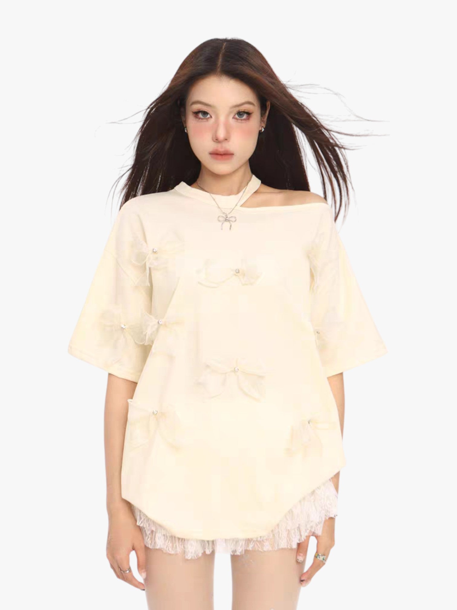 Three-Dimensional Bow Off-Shoulder Tees