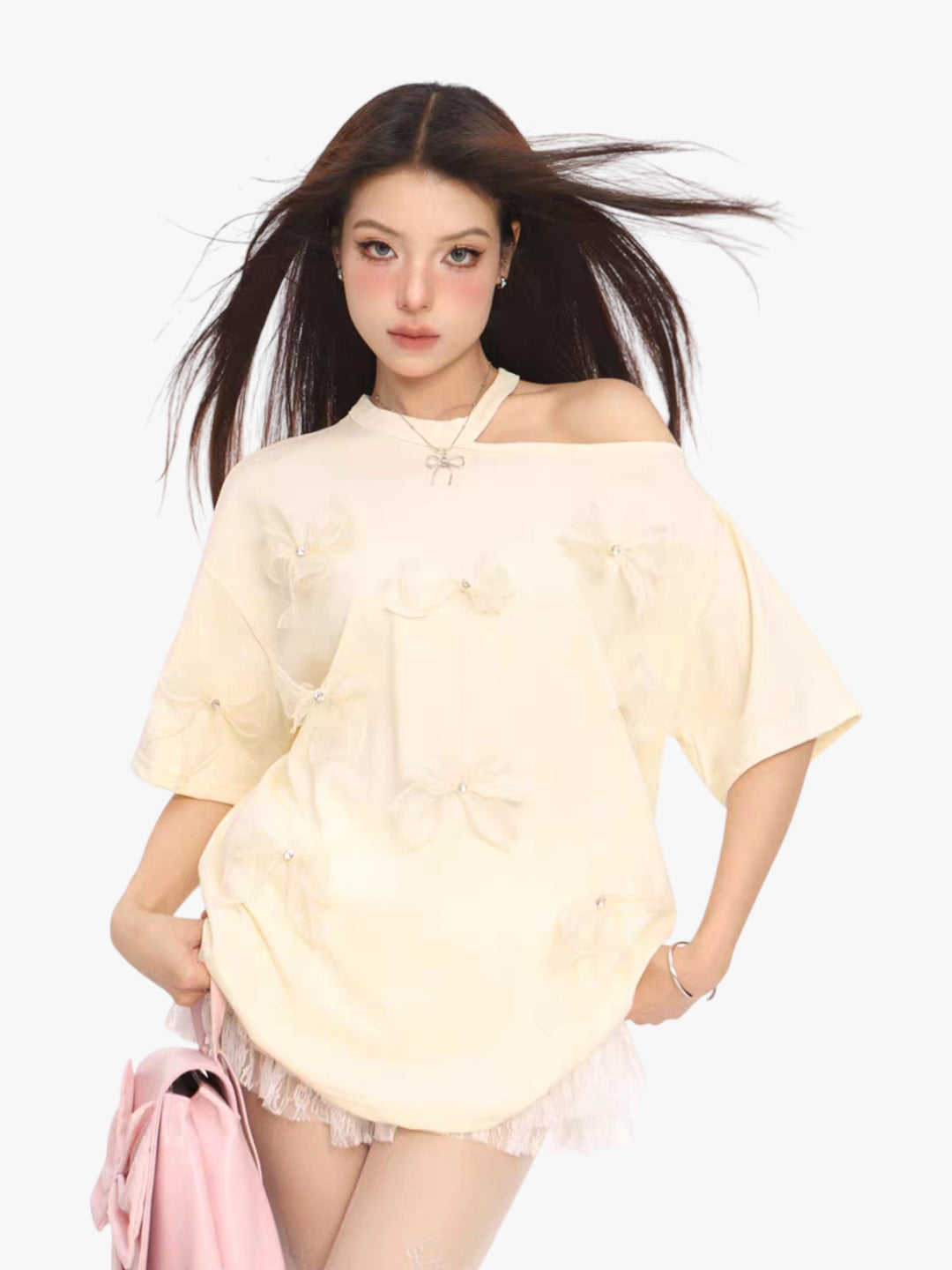 GKIKZ THREE-DIMENSIONAL BOW OFF-SHOULDER TEES