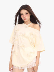 [25SS NEW ARRIVAL] GKIKZ THREE-DIMENSIONAL BOW OFF-SHOULDER TEES