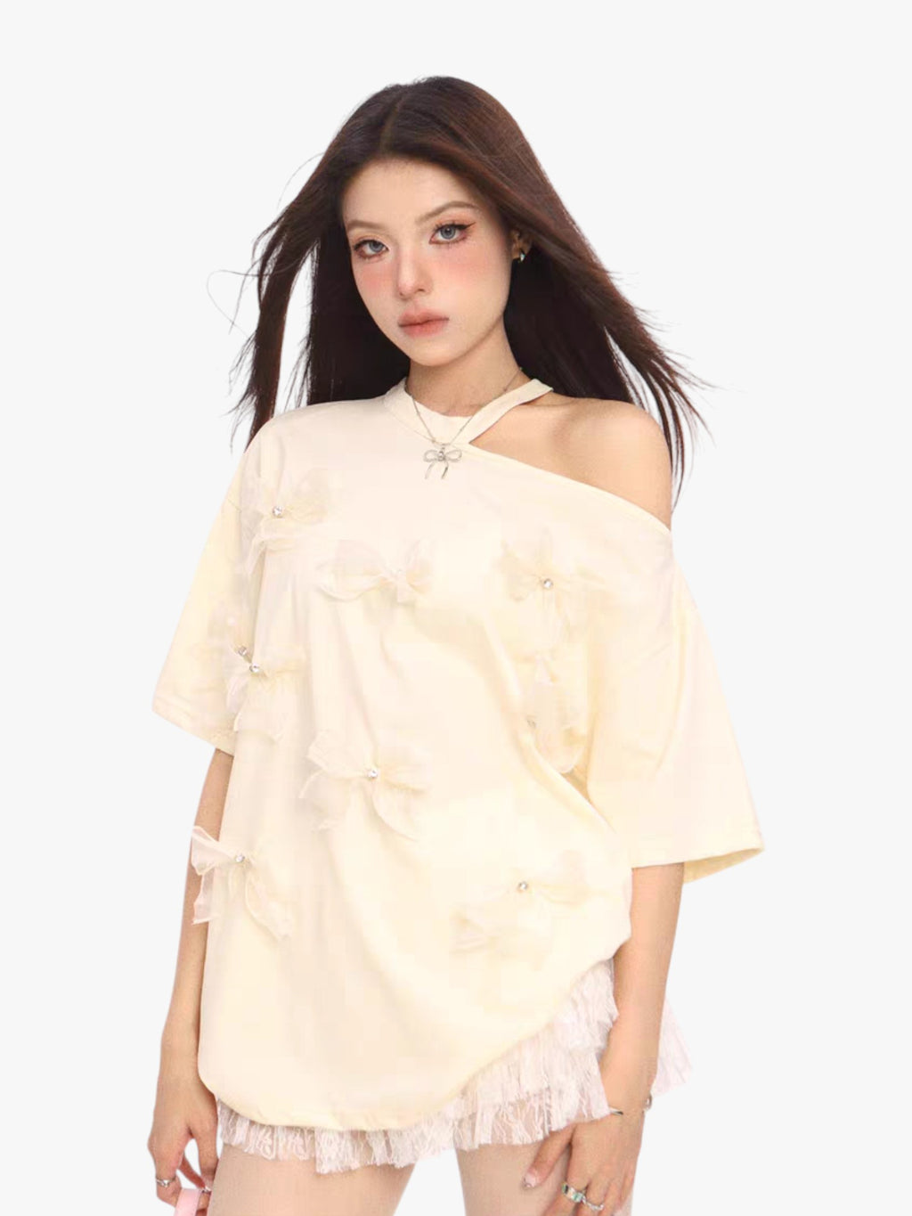 Three-Dimensional Bow Off-Shoulder Tees