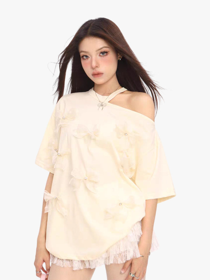 GKIKZ THREE-DIMENSIONAL BOW OFF-SHOULDER TEES