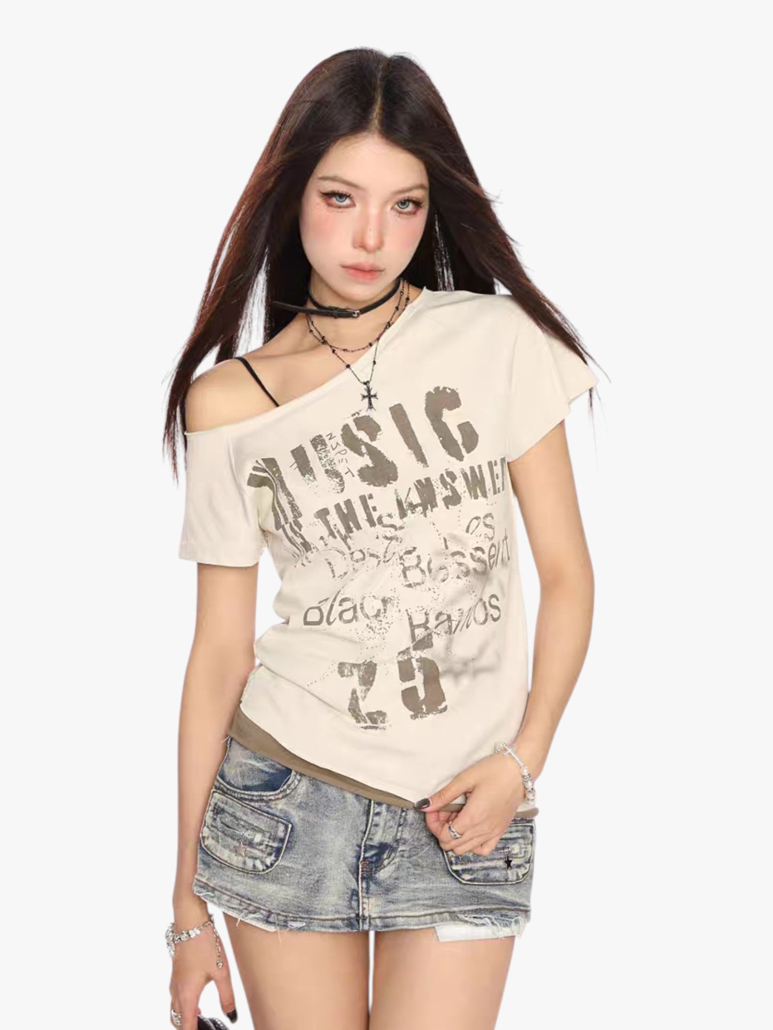 [25SS NEW ARRIVAL] GKIKZ "MUSIC IS THE ANSWER" OFF-SHOULDER TEES