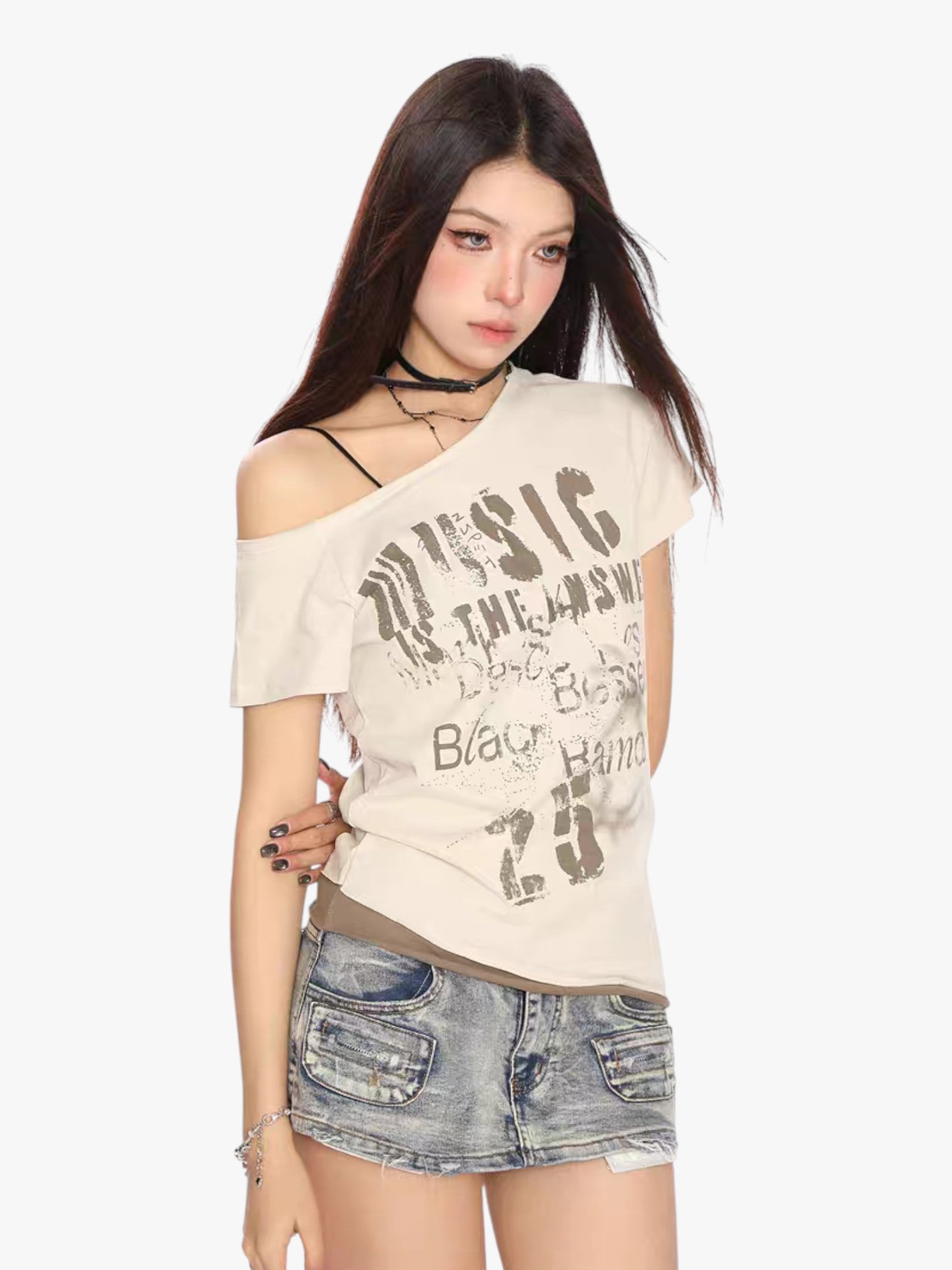 [25SS NEW ARRIVAL] GKIKZ "MUSIC IS THE ANSWER" OFF-SHOULDER TEES