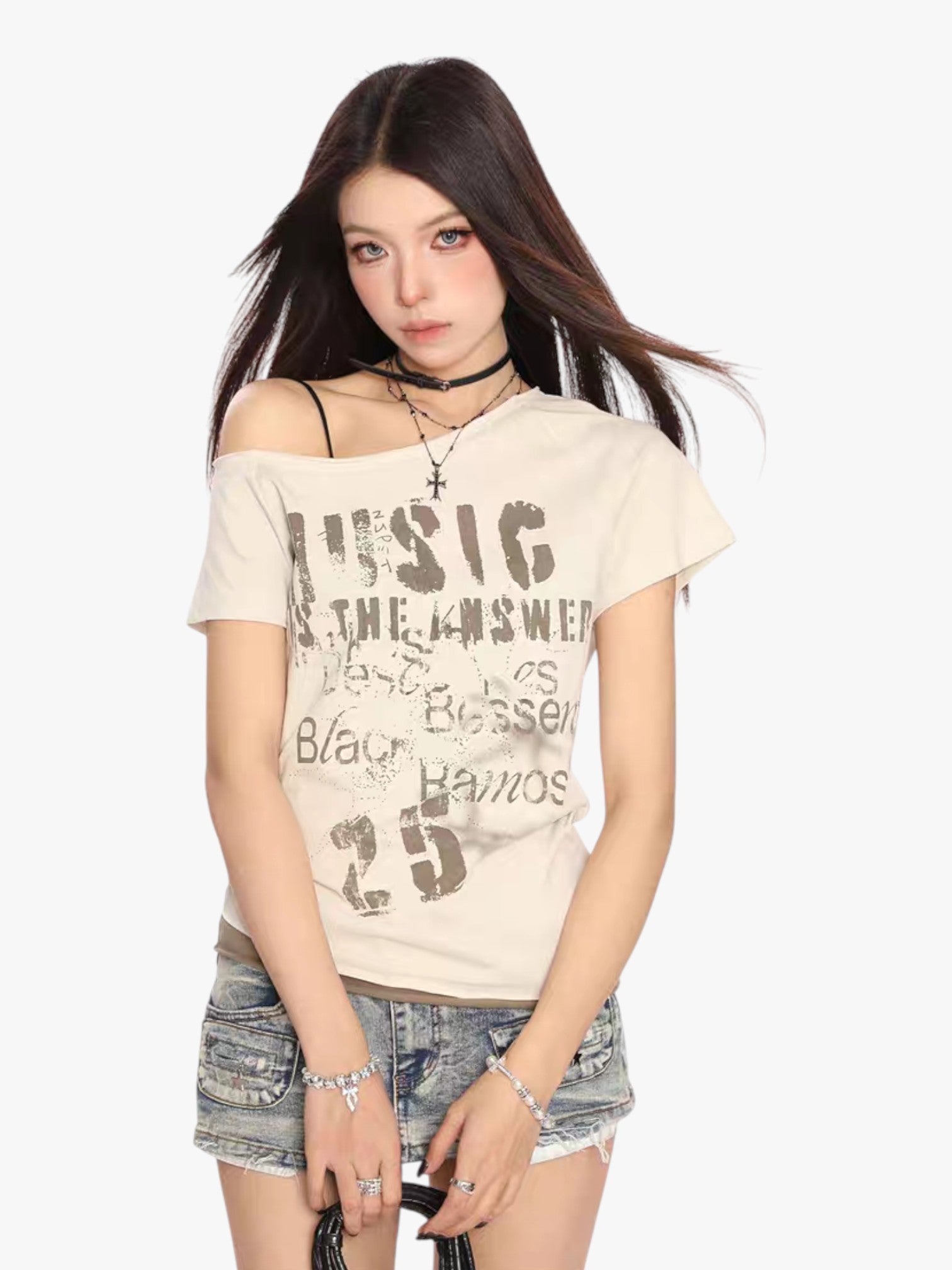 [25SS NEW ARRIVAL] GKIKZ "MUSIC IS THE ANSWER" OFF-SHOULDER TEES