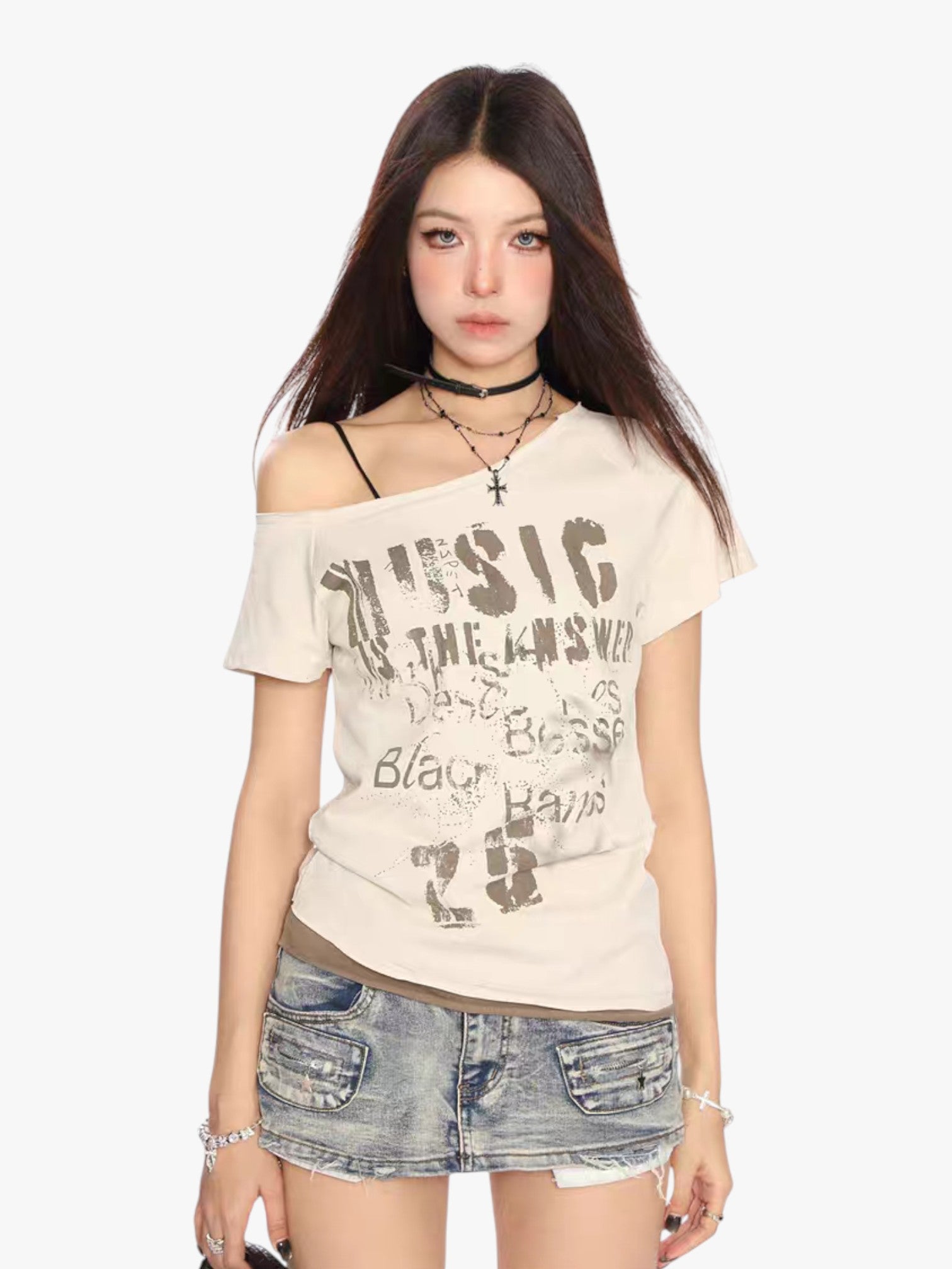[25SS NEW ARRIVAL] GKIKZ "MUSIC IS THE ANSWER" OFF-SHOULDER TEES