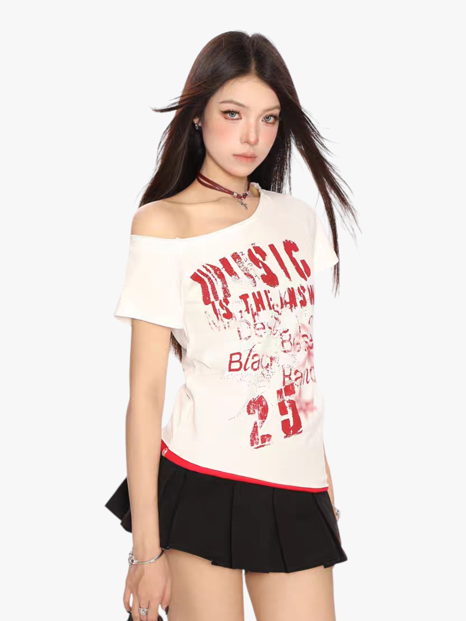 [25SS NEW ARRIVAL] GKIKZ "MUSIC IS THE ANSWER" OFF-SHOULDER TEES