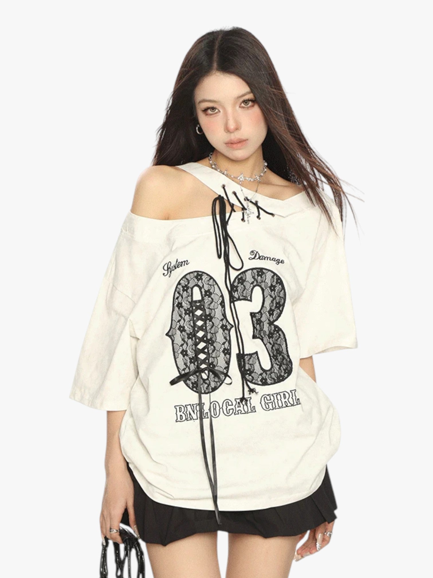 [25SS NEW ARRIVAL] GKIKZ LACE-UP 03 OFF-SHOULDER TEES