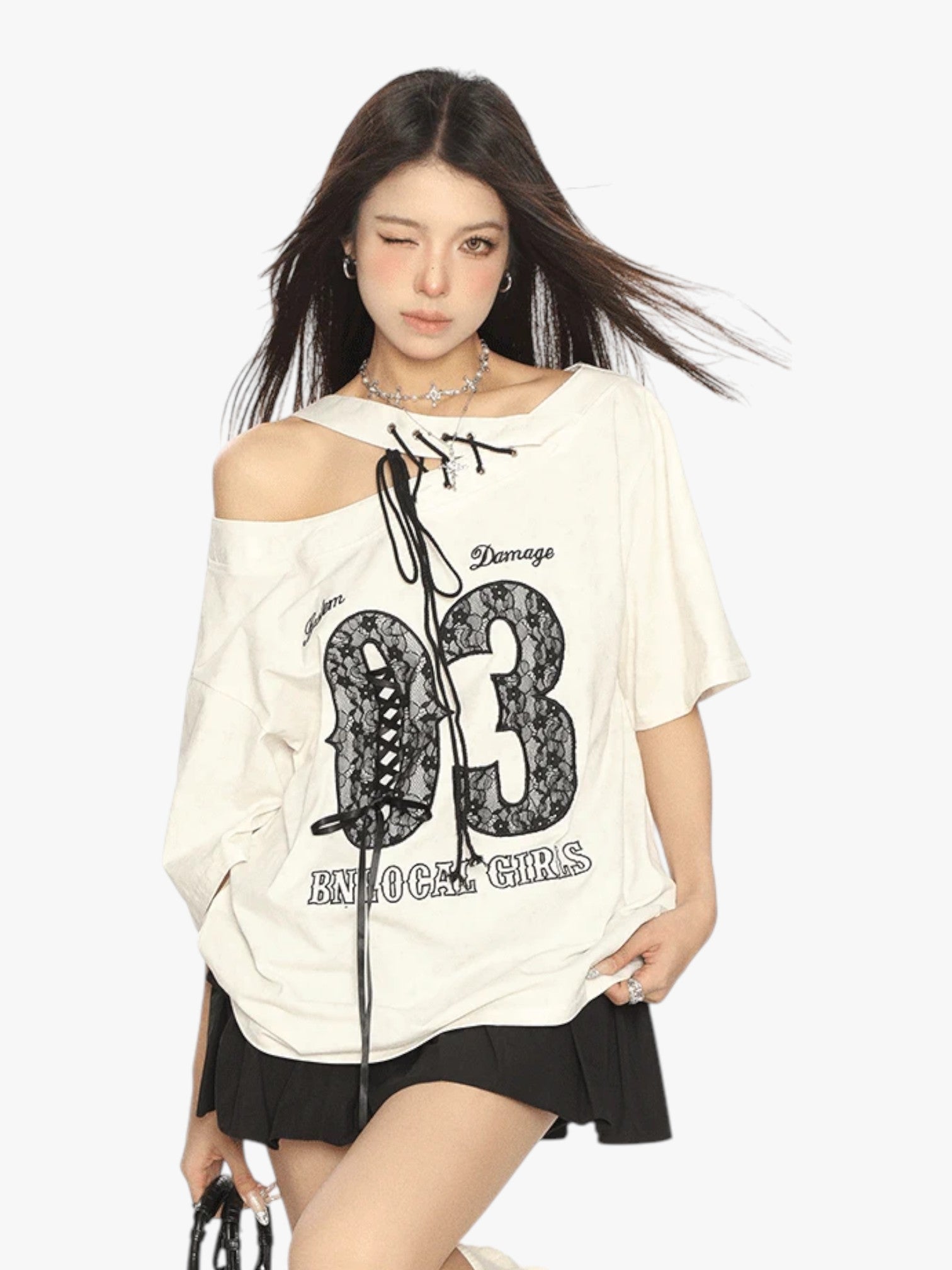 [25SS NEW ARRIVAL] GKIKZ LACE-UP 03 OFF-SHOULDER TEES