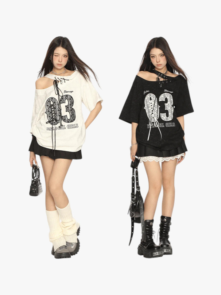 GKIKZ LACE-UP 03 OFF-SHOULDER TEES