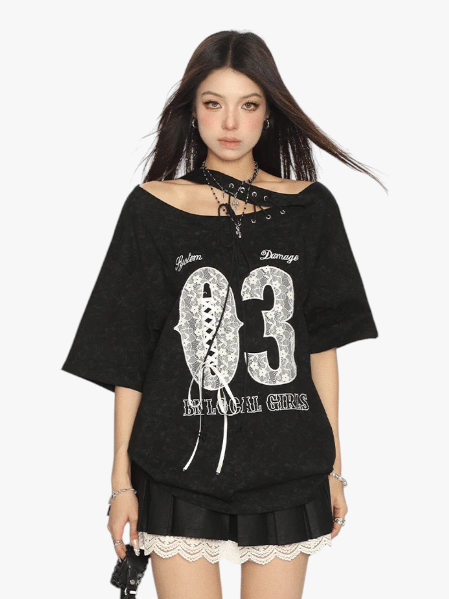 [25SS NEW ARRIVAL] GKIKZ LACE-UP 03 OFF-SHOULDER TEES