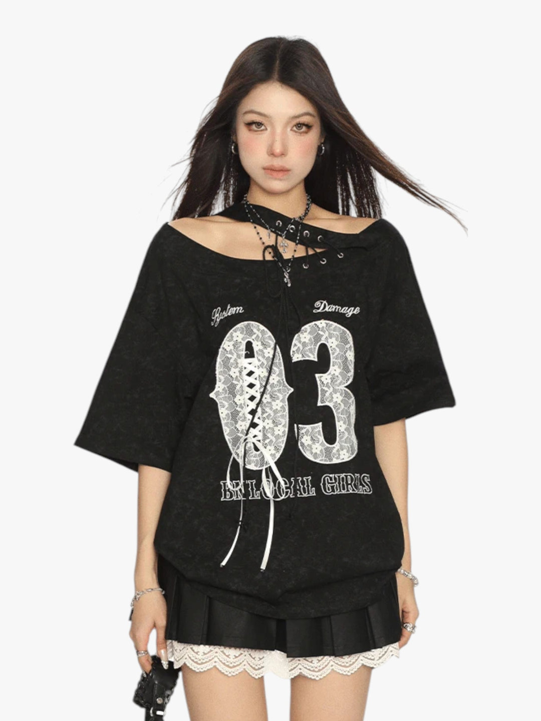 GKIKZ LACE-UP 03 OFF-SHOULDER TEES
