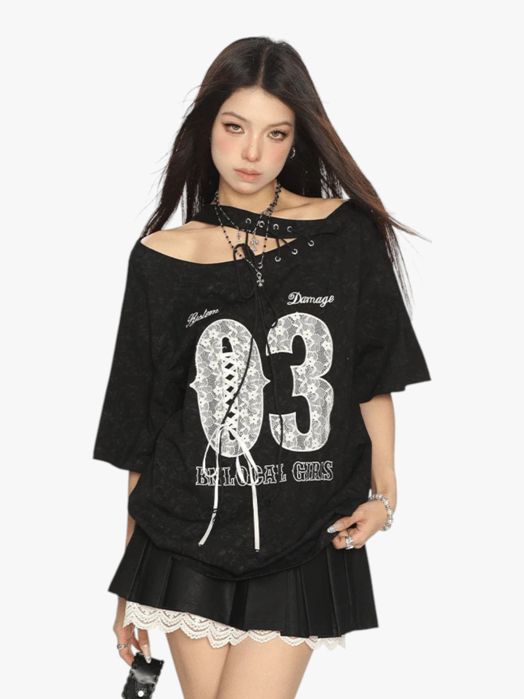GKIKZ LACE-UP 03 OFF-SHOULDER TEES