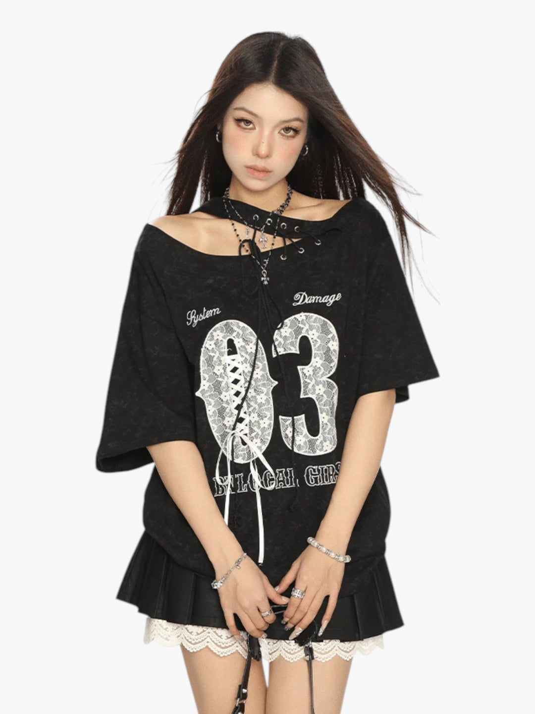 GKIKZ LACE-UP 03 OFF-SHOULDER TEES