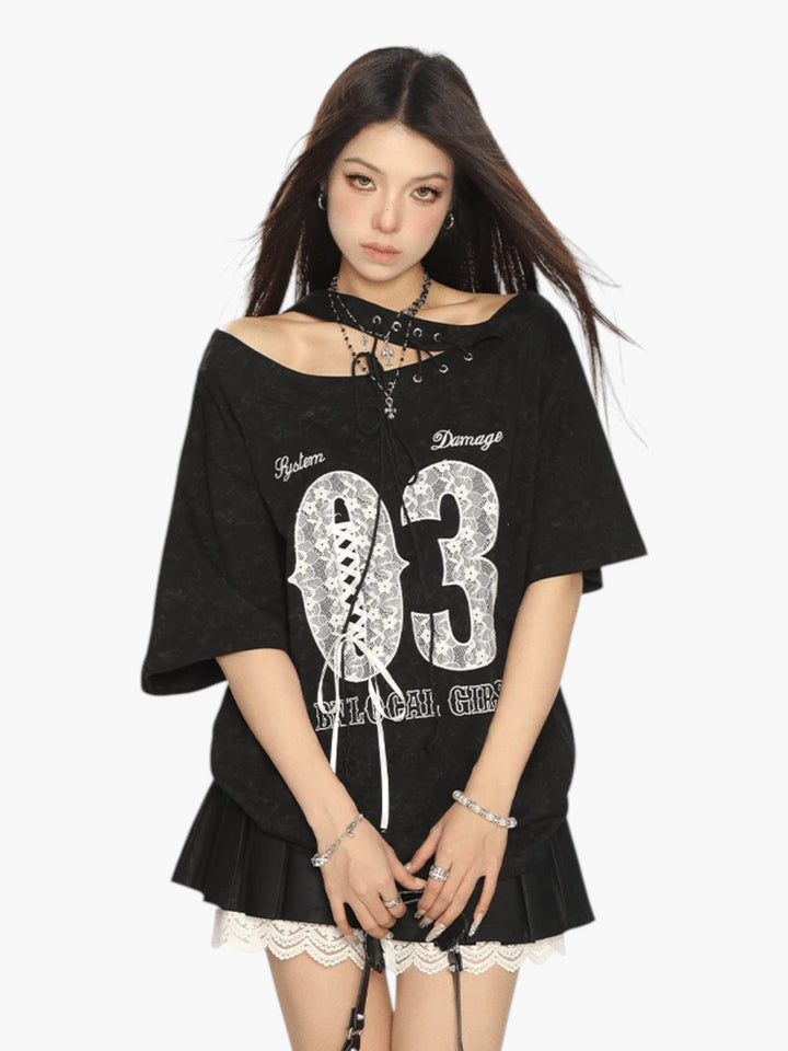 GKIKZ LACE-UP 03 OFF-SHOULDER TEES