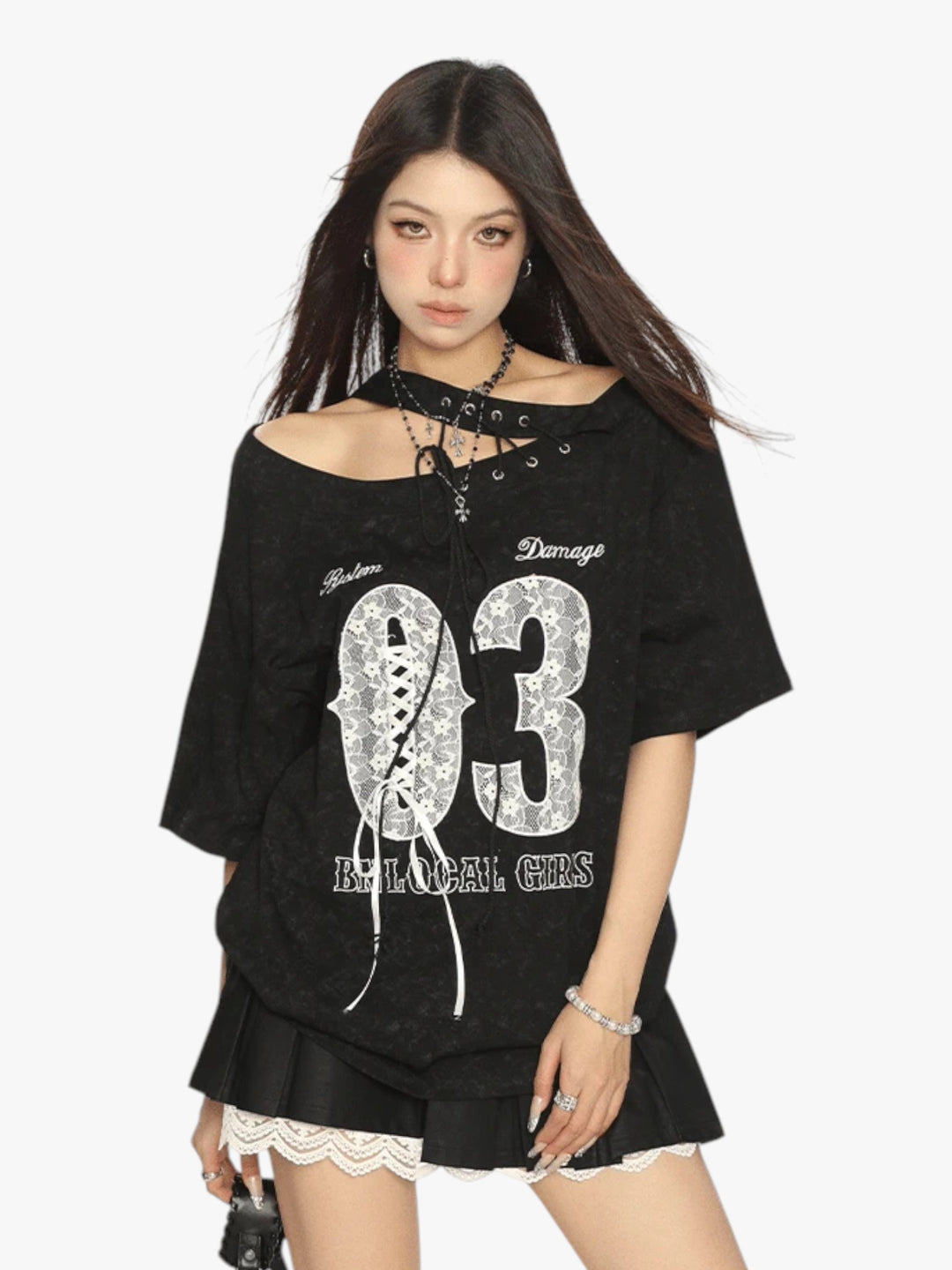 GKIKZ LACE-UP 03 OFF-SHOULDER TEES