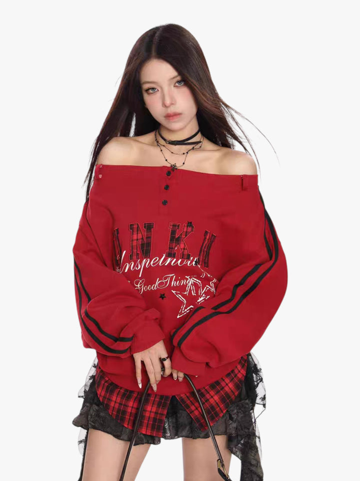 GKIKZ FAKE TWO PIECES OFF-SHOULDER SWEATSHIRT