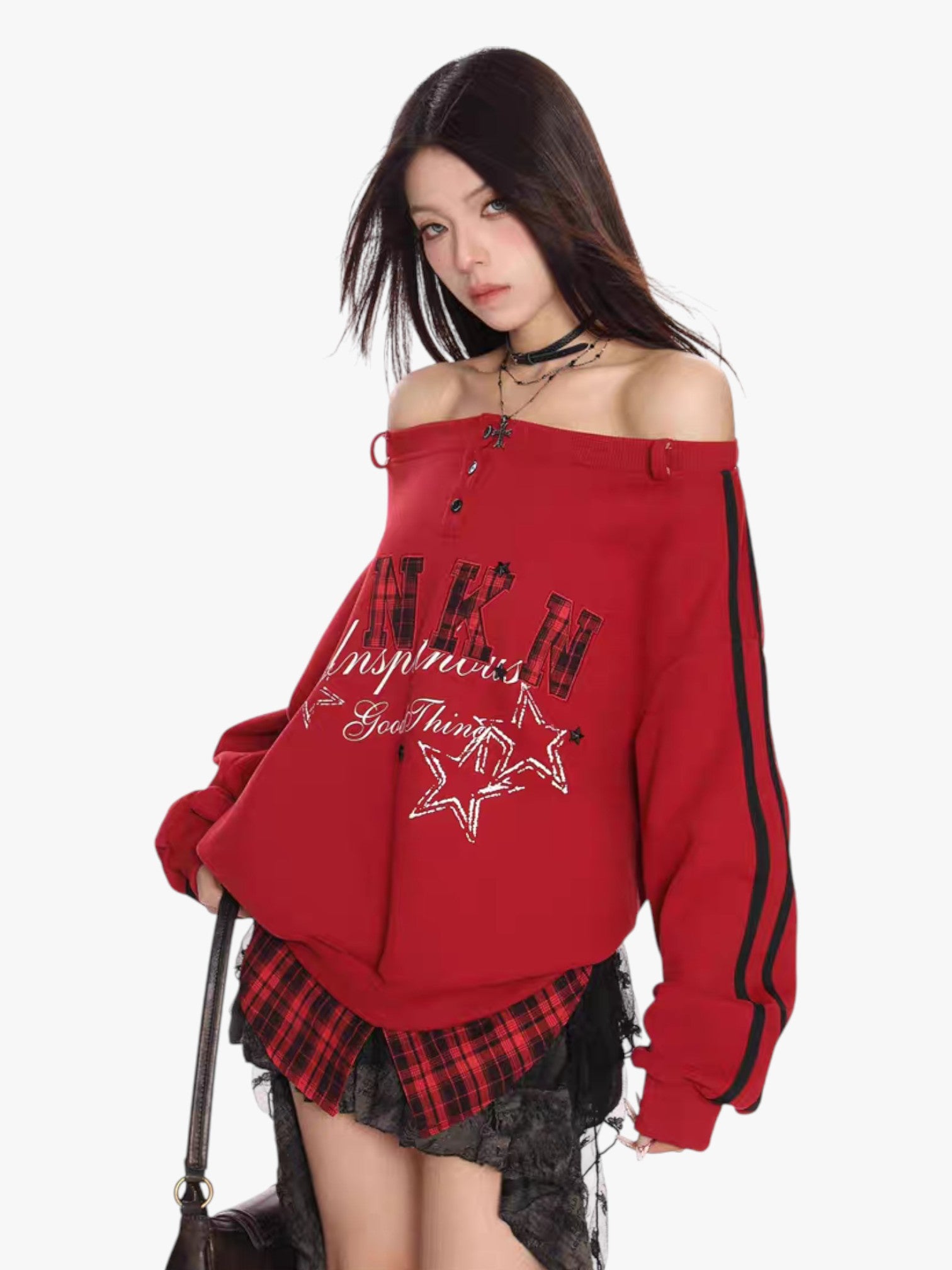 [25SS NEW ARRIVAL] GKIKZ FAKE TWO PIECES OFF-SHOULDER SWEATSHIRT