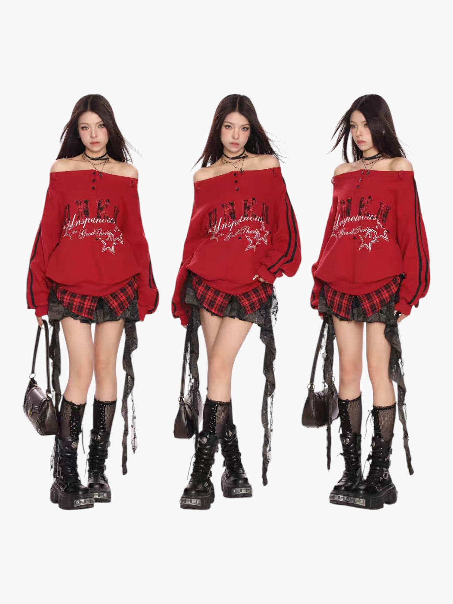 [25SS NEW ARRIVAL] GKIKZ FAKE TWO PIECES OFF-SHOULDER SWEATSHIRT