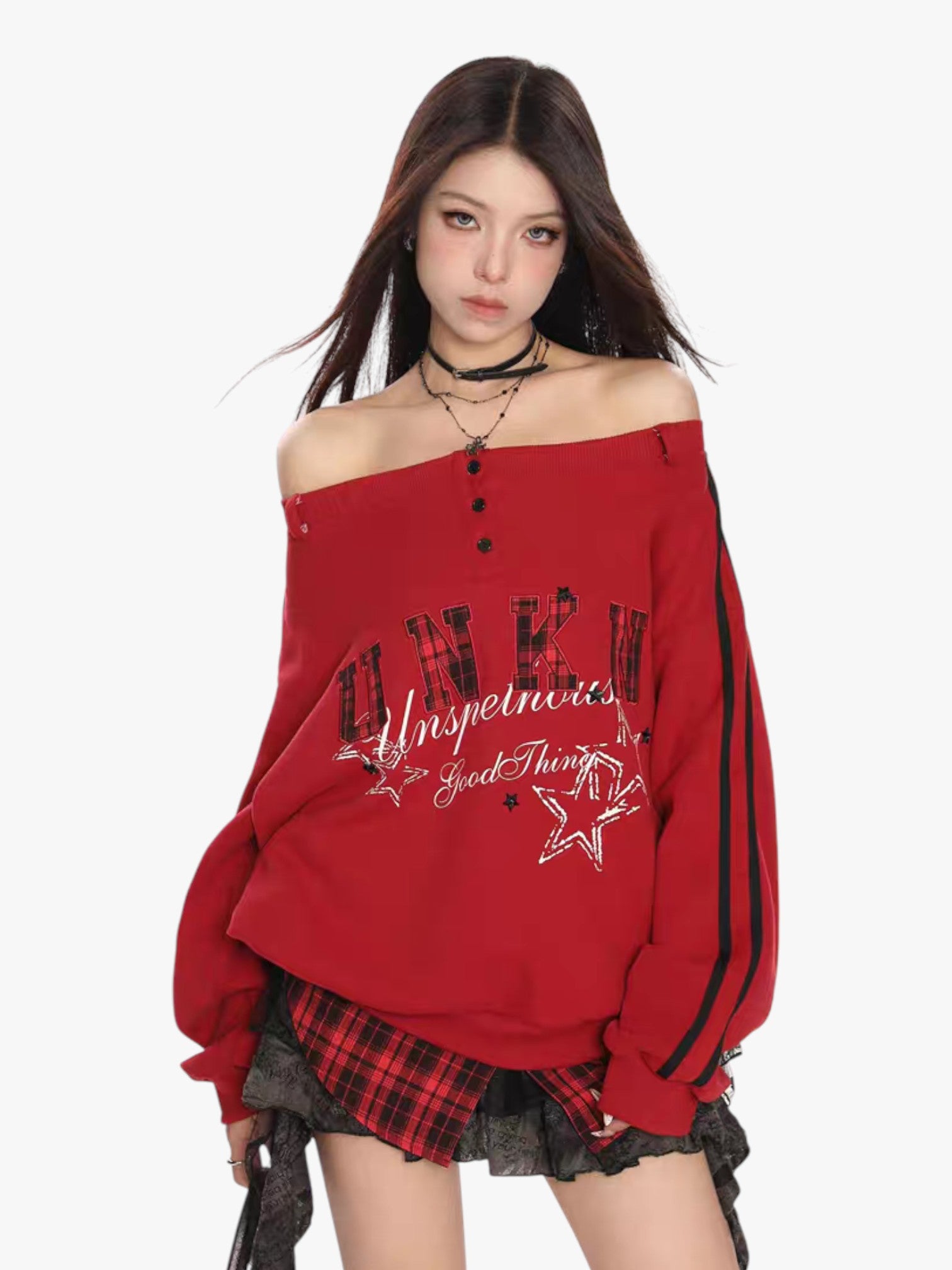 [25SS NEW ARRIVAL] GKIKZ FAKE TWO PIECES OFF-SHOULDER SWEATSHIRT