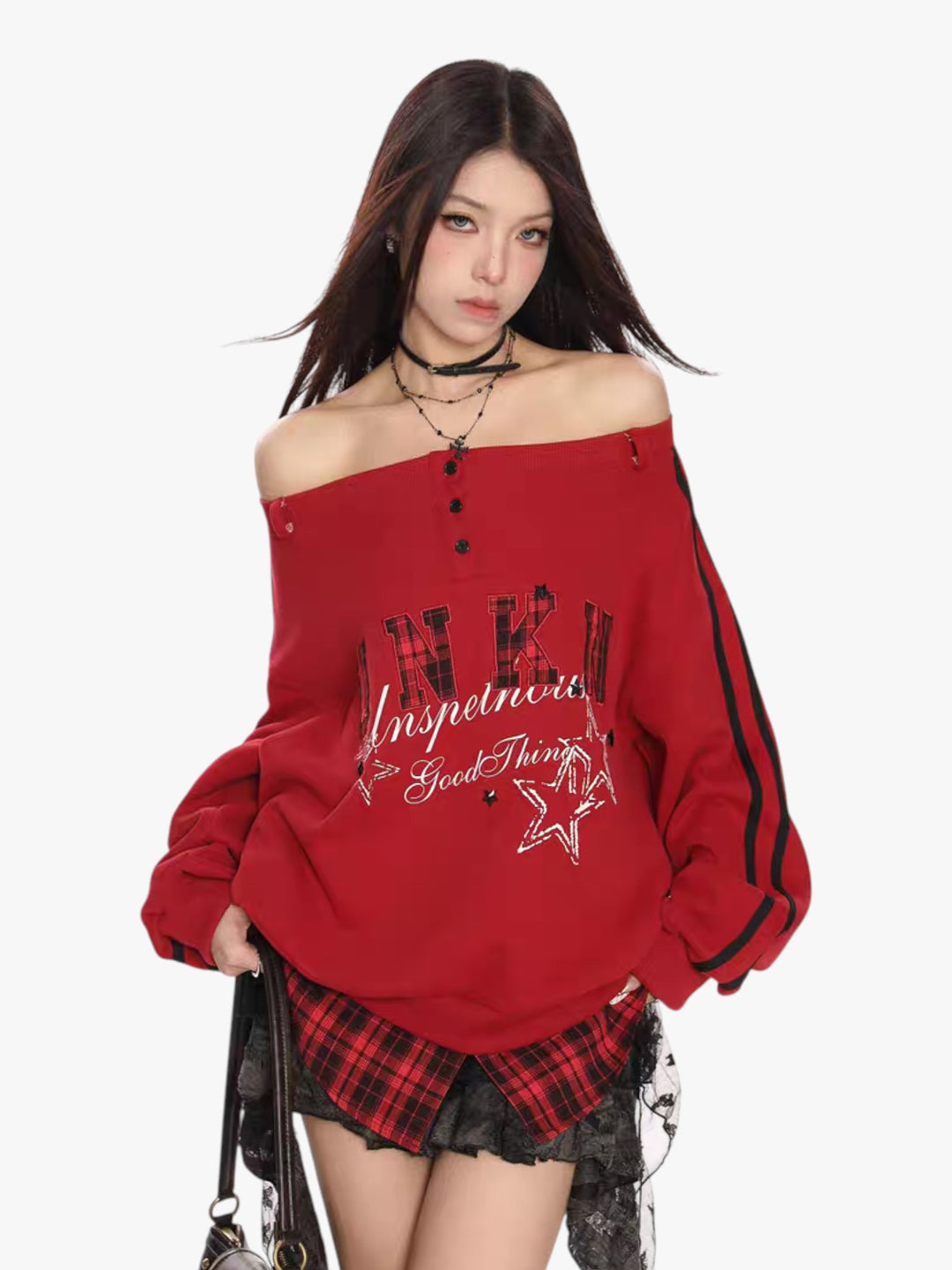 GKIKZ FAKE TWO PIECES OFF-SHOULDER SWEATSHIRT