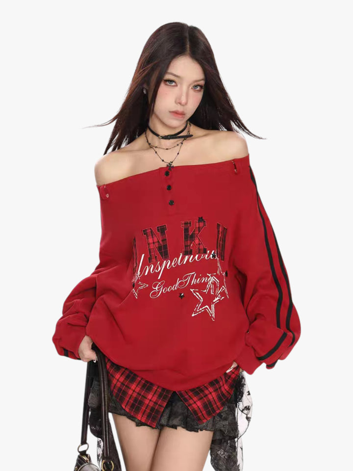 GKIKZ FAKE TWO PIECES OFF-SHOULDER SWEATSHIRT